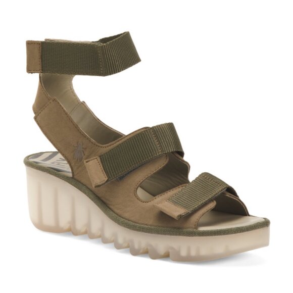 NEW FLY LONDON Made In Portugal Leather Bech Comfort Wedge Sandals khaki 864tn - Picture 5 of 10